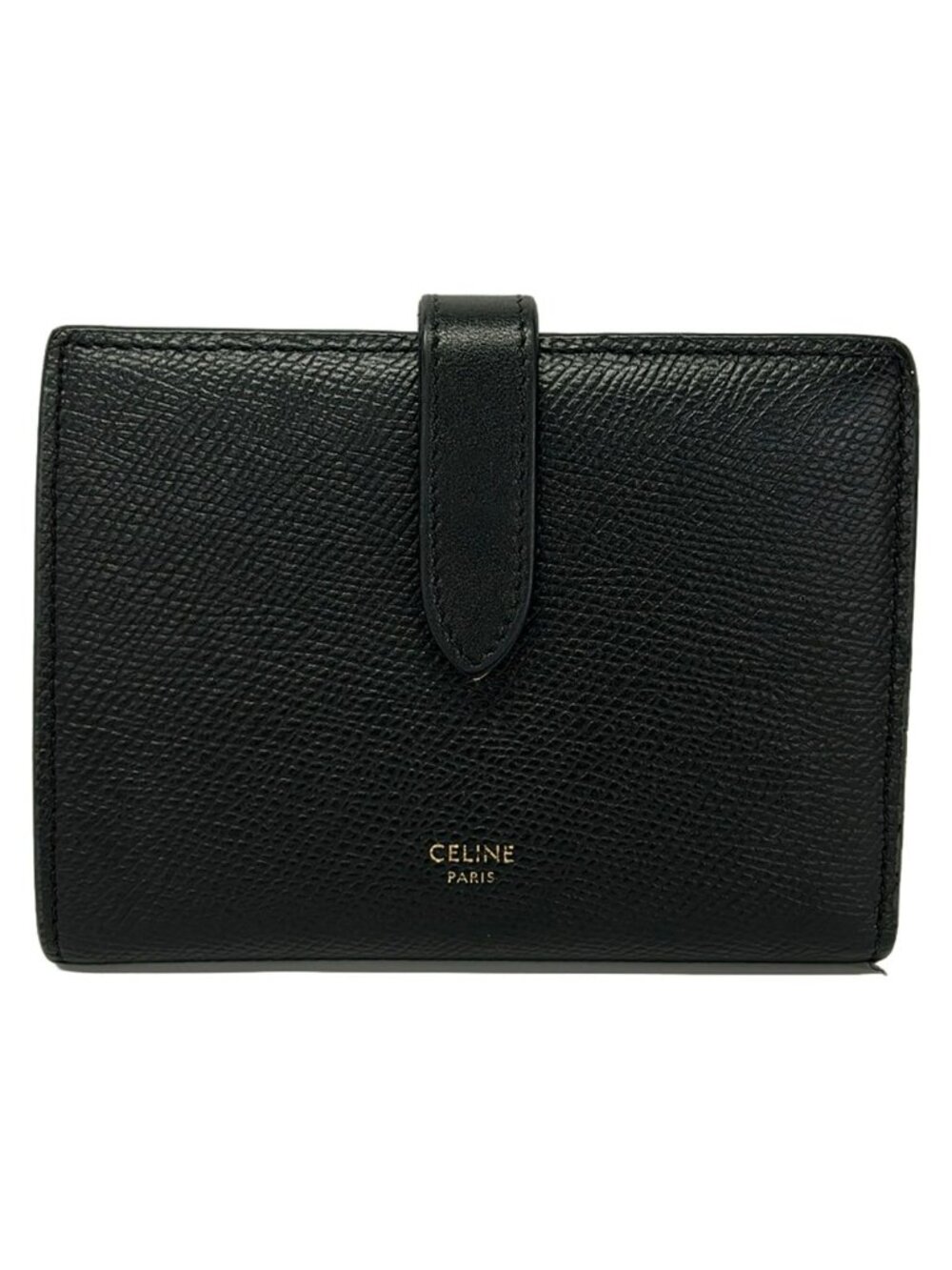 Celine Bifold Wallet Medium Strap Black Gold Leather